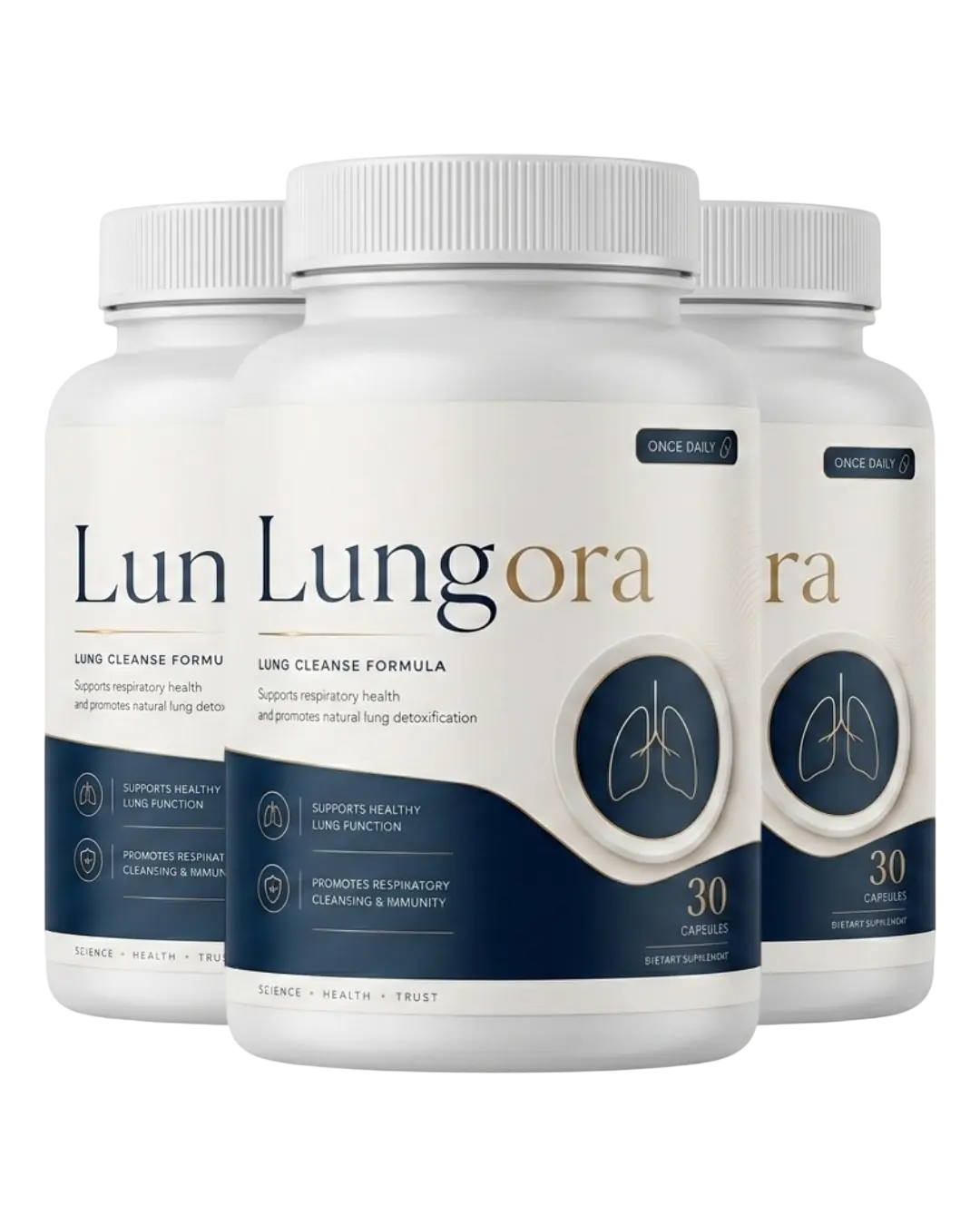 Three bottles of Lungora daily lung cleanse capsules, 30 capsules per bottle