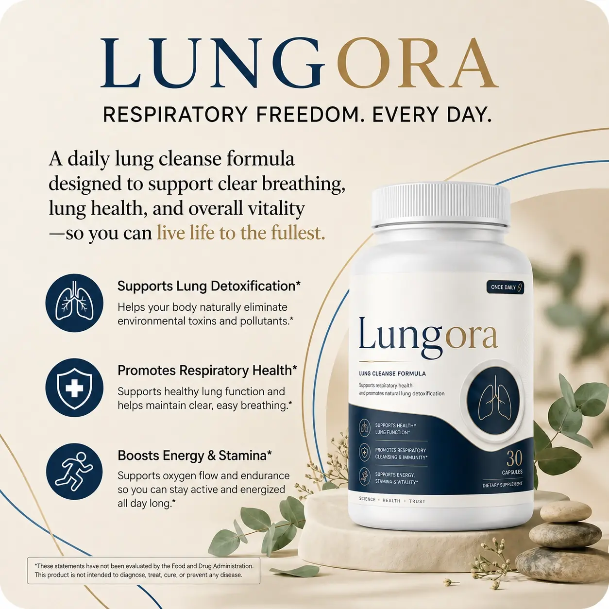 Lungora benefits infographic showing lung detoxification support, respiratory health, and energy support