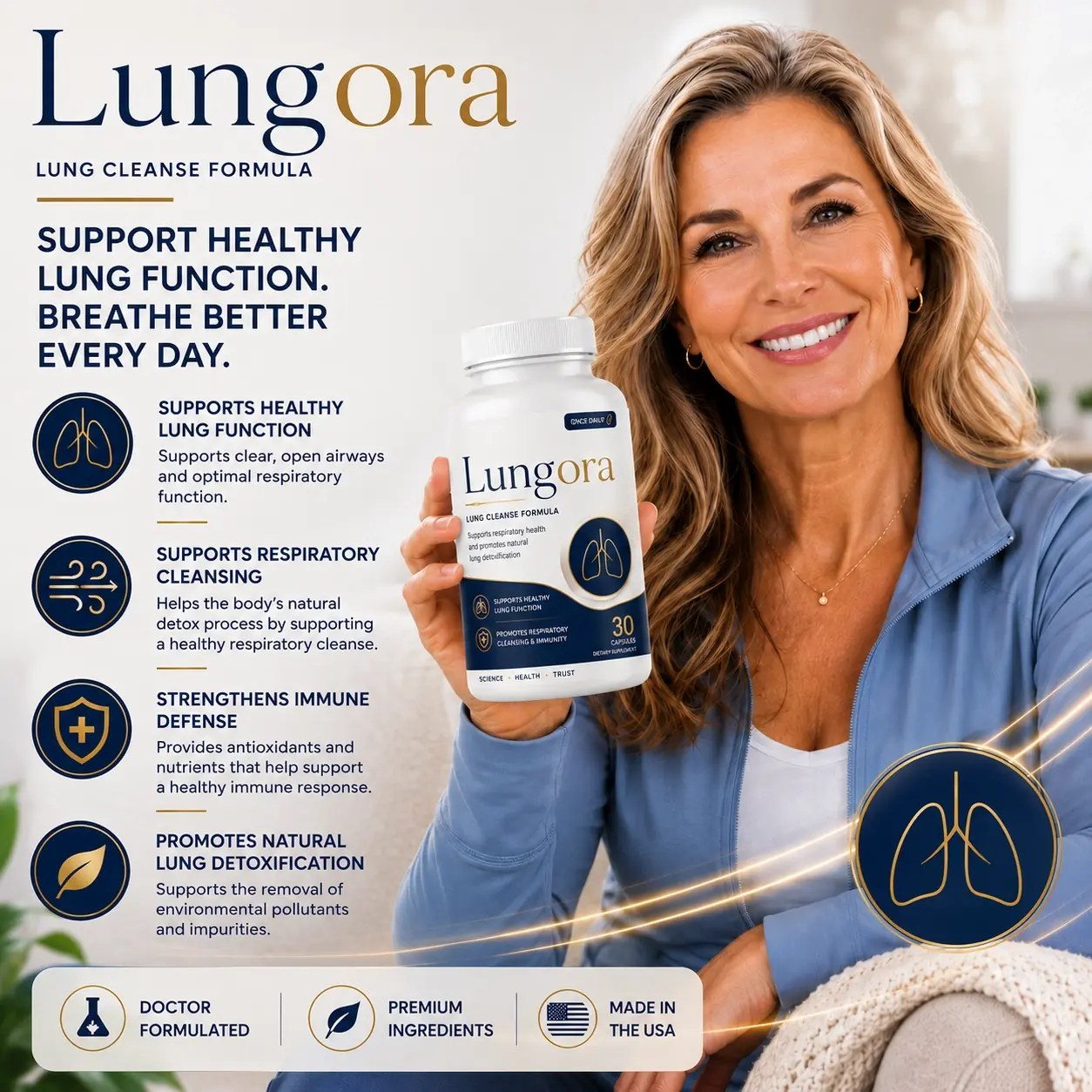 Woman holding a bottle of Lungora lung cleanse formula, supporting healthy lung function and respiratory wellness